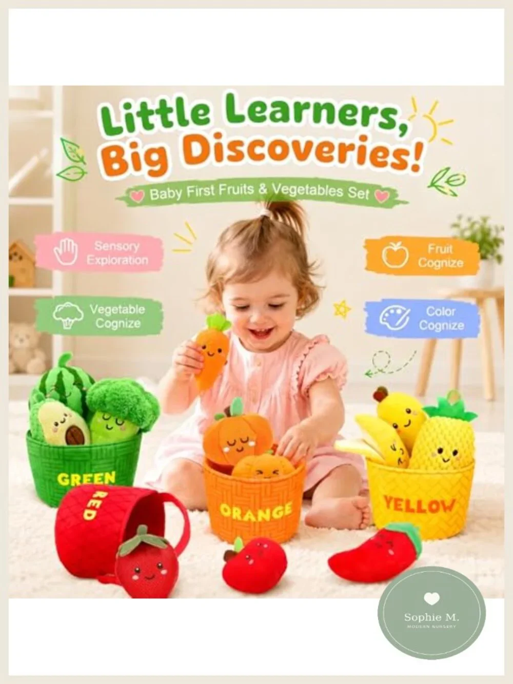 Montessori Baby Fruit & Veggie Set with Crinkle Rattle, Fine Motor Toy